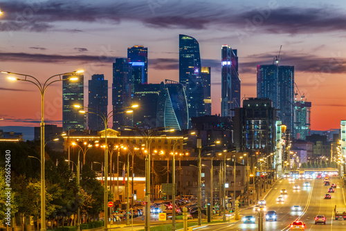 View to International business and financial Moscow City trading center and old stalinist buildings photo