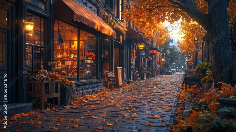 A charming street lined with shops, adorned with autumn leaves, illuminated by warm lights, creating a cozy, inviting atmosphere. A charming street lined with shops, adorned with autumn leaves, illuminated by warm lights, creating a cozy, inviting atmosphere.