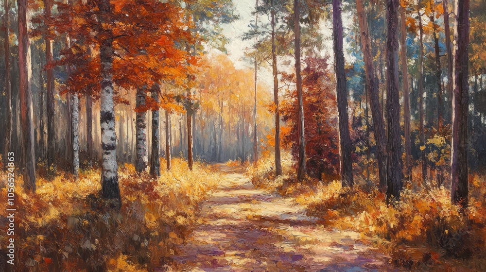 Obraz premium A serene autumn forest scene with vibrant orange leaves and a sunlit path, creating a tranquil and inviting atmosphere.