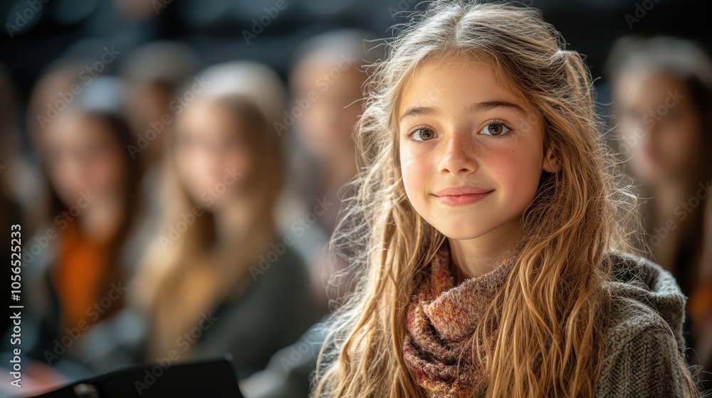 Young girl smiling warmly during a gathering in a large hall Young girl smiling warmly during a gathering in a large hall