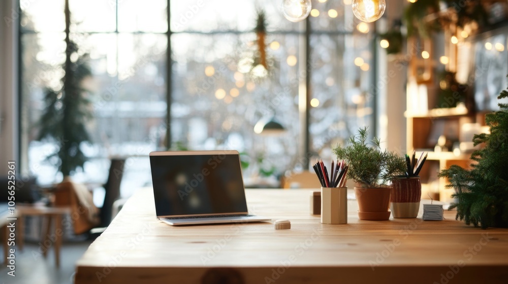 Open office space decorated for Christmas holidays with trees and ornaments, creating warm and festive atmosphere at workplace Open office space decorated for Christmas holidays with trees and ornaments, creating warm and festive atmosphere at workplace