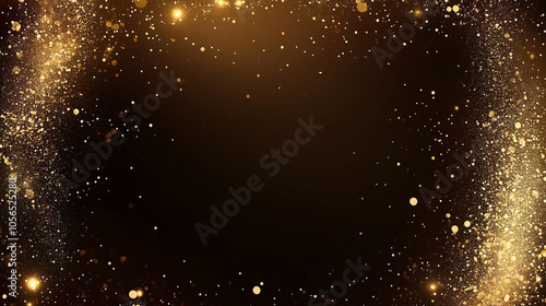 Festive vector background with gold glitter and confetti for christmas celebration. Black background with glowing golden particles.