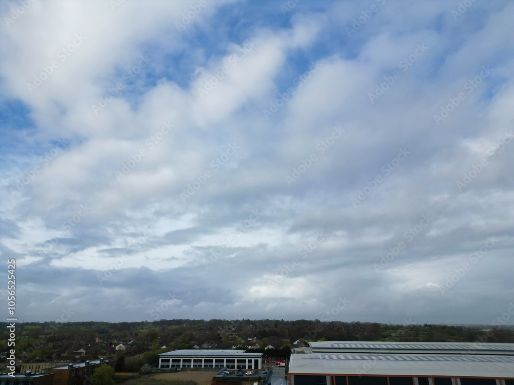 Aerial View of Central City Centre Elstree Uxbridge London City of England, Great Britain. It Was Rainy and Cloudy Day with Strong Winds over England, High Angle Drone's Camera Footage. April 4th, 24 Aerial View of Central City Centre Elstree Uxbridge London City of England, Great Britain. It Was Rainy and Cloudy Day with Strong Winds over England, High Angle Drone's Camera Footage. April 4th, 24