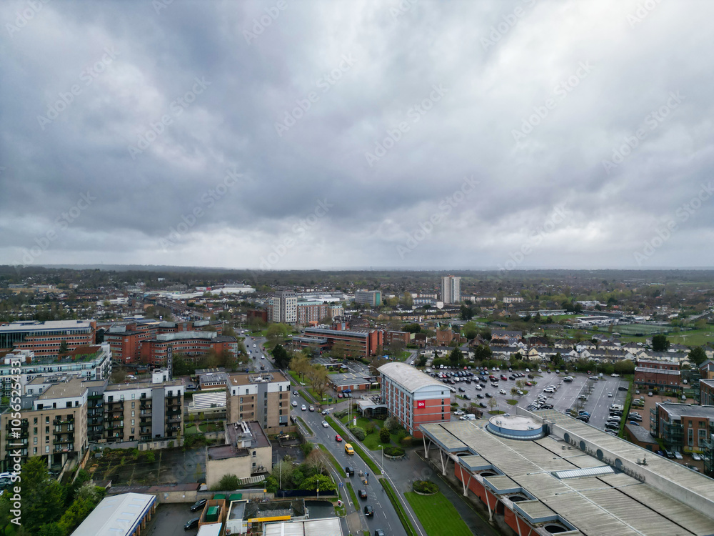 Obraz premium Aerial View of Central City Centre Elstree Uxbridge London City of England, Great Britain. It Was Rainy and Cloudy Day with Strong Winds over England, High Angle Drone's Camera Footage. April 4th, 24