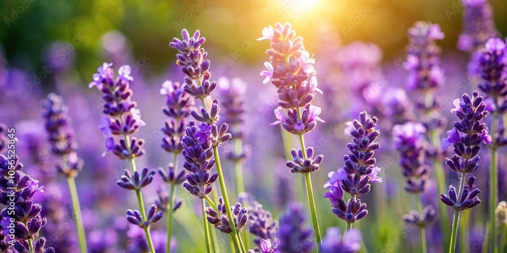 Close-up of purple lavender flowers blooming in a garden on a sunny day surrounded by green leaves and stems, flowers, sunlight, blossoms, nature Close-up of purple lavender flowers blooming in a garden on a sunny day surrounded by green leaves and stems, flowers, sunlight, blossoms, nature