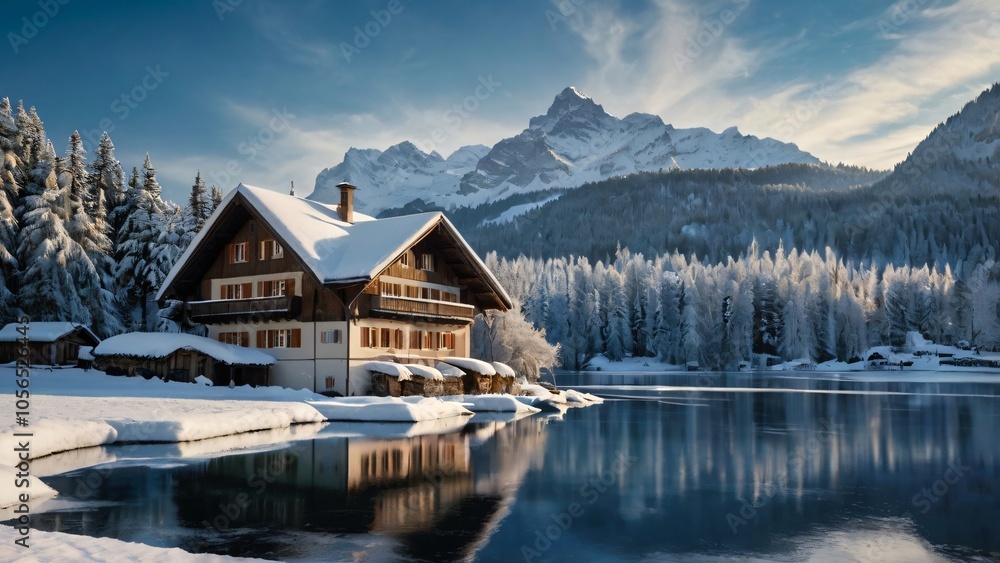 Winter Wonderland Alpine Chalet by Frozen Lake Winter Wonderland Alpine Chalet by Frozen Lake