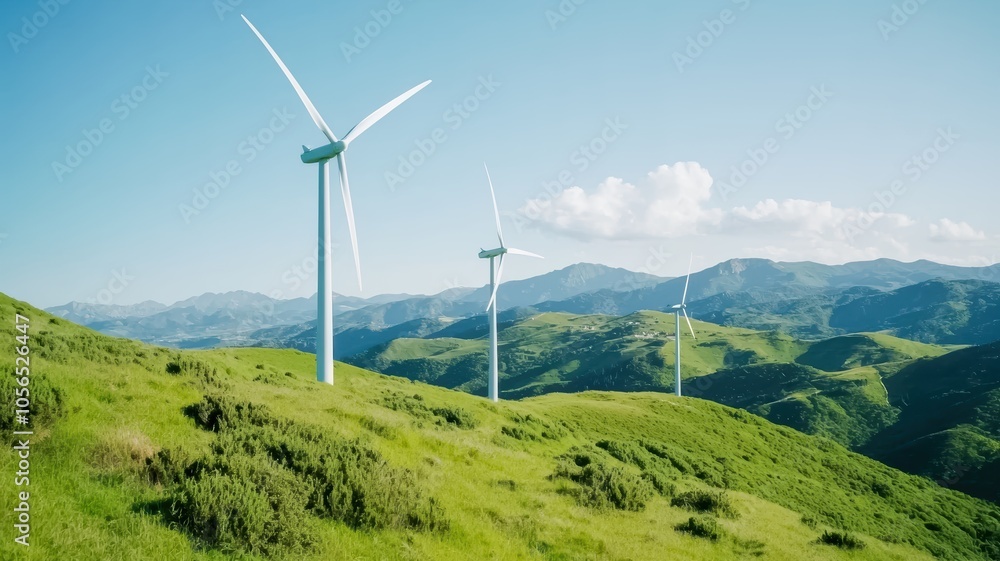 Wind turbines stand tall on lush green hills under a clear blue sky, symbolizing renewable energy and sustainable development. Wind turbines stand tall on lush green hills under a clear blue sky, symbolizing renewable energy and sustainable development.