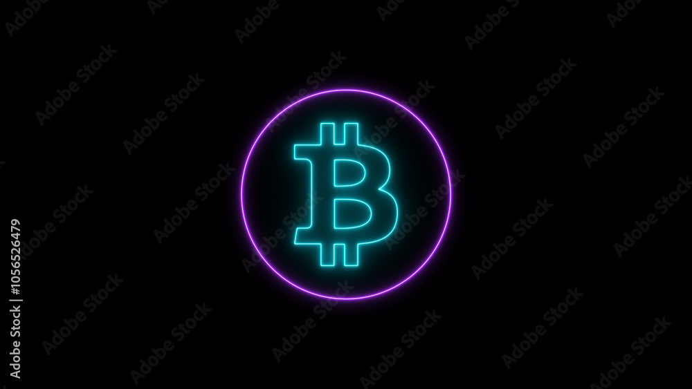 Neon, Glowing line bitcoin icon on black background. Bitcoin token with bright glowing Neon, Glowing line bitcoin icon on black background. Bitcoin token with bright glowing