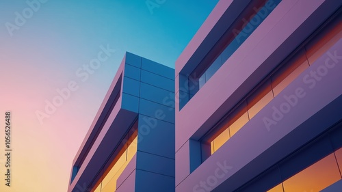 Modern building viewed from a unique angle, architecture against a colorful sky at sunset. photo