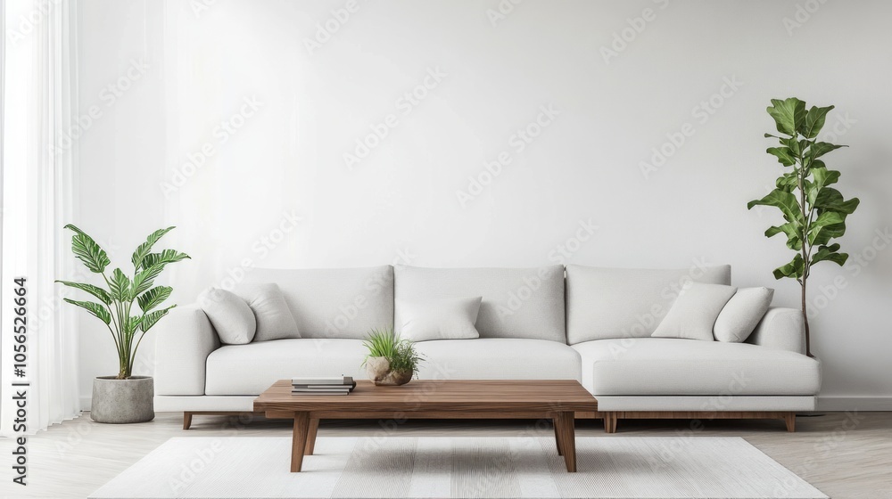 White walls with a light gray sectional and walnut wood coffee table. Touches of green in plants add a natural touch to the minimalist setting White walls with a light gray sectional and walnut wood coffee table. Touches of green in plants add a natural touch to the minimalist setting