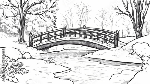 Retro coloring book illustration of a bridge spanning a frozen river. Frozen River. Illustration