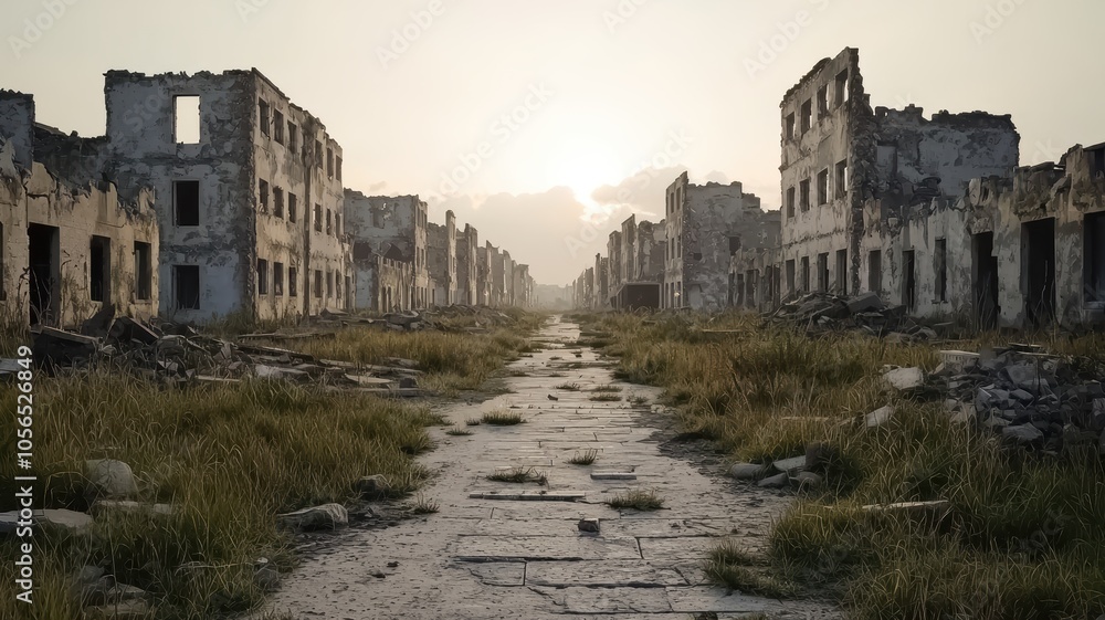 A desolate street flanked by crumbling buildings, overgrown with grass, illuminated by soft sunlight, evoking a haunting sense of abandonment and decay. A desolate street flanked by crumbling buildings, overgrown with grass, illuminated by soft sunlight, evoking a haunting sense of abandonment and decay.