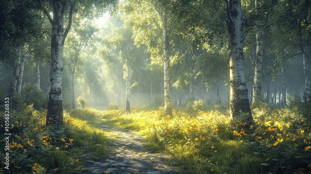 Obraz premium Serene forest path illuminated by sunlight and wildflowers.