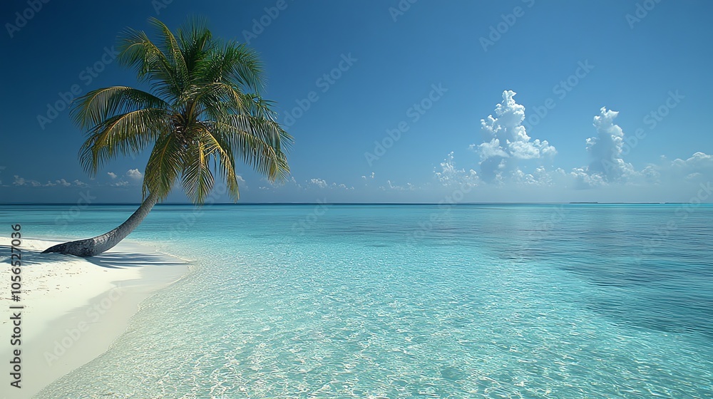 Fototapeta premium A lone palm tree stands on a pristine white sand beach with crystal clear turquoise water and a bright blue sky with white clouds.