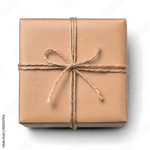 Perfectly Wrapped Brown Gift Box with Kraft Paper and Twine Isolated on White Background