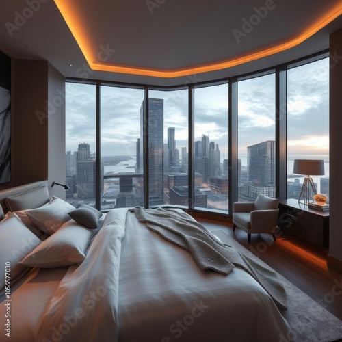 Modern and luxurious master bedroom with views of chicago and lake michigan condo or hotel accommodation : generative ai master bedroom Ultra realistic 