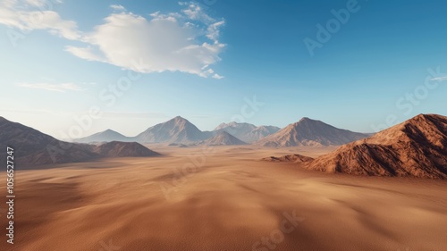 A vast desert landscape featuring rolling sand dunes, rocky mountains, and a clear blue sky with wispy clouds.