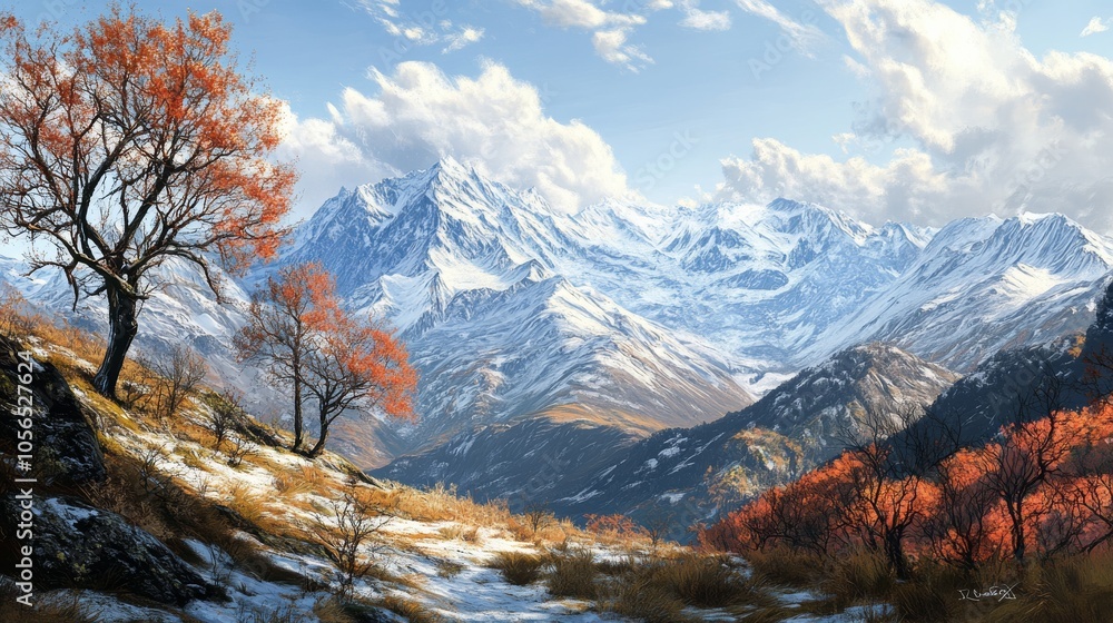 A scenic view of majestic mountains with snow-capped peaks, vibrant autumn trees, and a clear blue sky, showcasing nature's beauty and tranquility. A scenic view of majestic mountains with snow-capped peaks, vibrant autumn trees, and a clear blue sky, showcasing nature's beauty and tranquility.