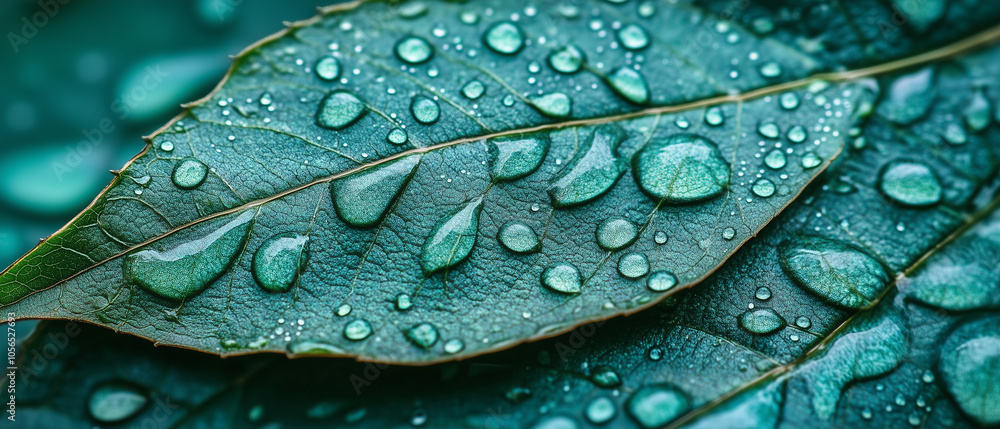 Fototapeta premium Dew Drops on Green Leaf.