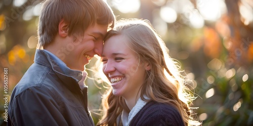 A candid moment of a couple laughing together at a park, genuine emotion, natural lighting, unscripted joy, authenticity, soft and warm colors photo