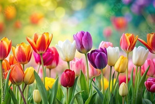 Colorful tulip flowers in a vibrant floral border with a mix of tall and short stems, botanicals, flowers, bulbs, mix of heights photo