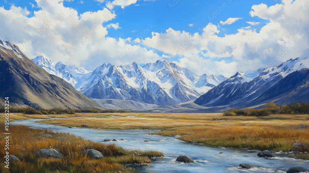 Beautiful snow-capped mountains, withered grassland, glaciers and streams landscape oil painting
Beautiful snow-capped mountains, withered grassland, glaciers and streams landscape oil painting