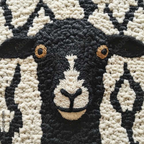 ** Close-Up of Intricate Black and White Sheep Embroidery with Geometric Patterns on Textured Fabric Background..** photo