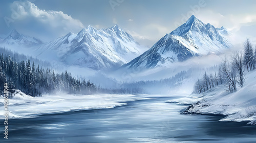 Snow-capped mountains and a frozen river landscape background. Frozen River. Illustration