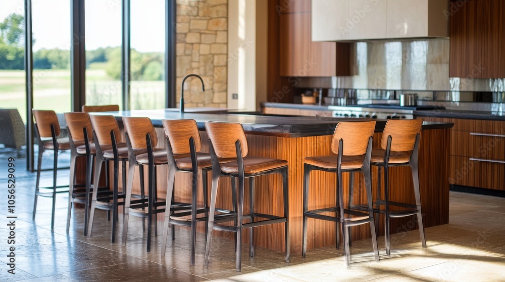 Modern Kitchen with Wooden Bar and High Stools Facing Scenic View Modern Kitchen with Wooden Bar and High Stools Facing Scenic View