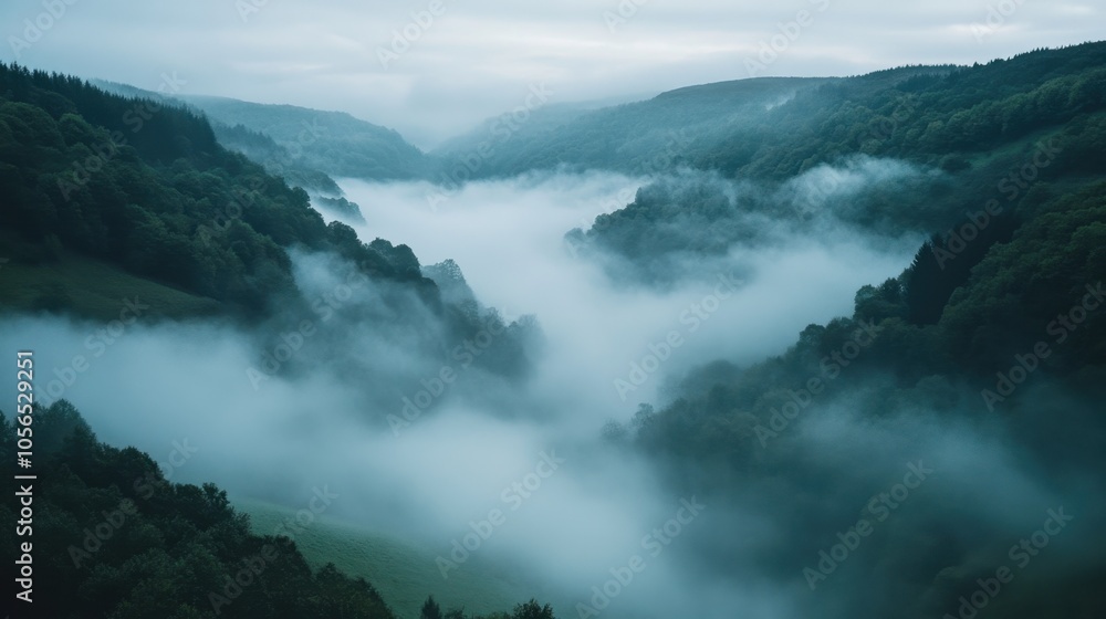 Foggy morning over a serene valley in the countryside Foggy morning over a serene valley in the countryside