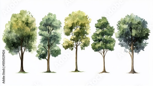 Illustrations Watercolor Tree Featuring a Variety of Green Foliage