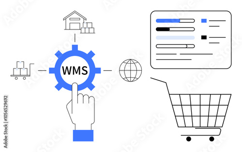 Hand pointing to WMS icon, connected icons showing warehouse, cart, globe, and digital interface. Ideal for logistics, inventory management, ecommerce, supply chain, process improvement. Flat