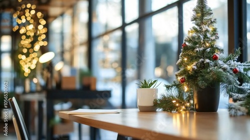 Open office space decorated for Christmas holidays with trees and ornaments, creating warm and festive atmosphere at workplace 