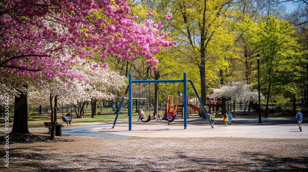 Vibrant Spring Playground Scene in a City Park Vibrant Spring Playground Scene in a City Park