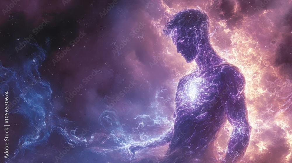 A cosmic figure illuminated by swirling energy in a starry space A cosmic figure illuminated by swirling energy in a starry space