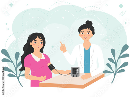 Preeclampsia. A pregnant woman is having her blood pressure measured under close supervision of a doctor.