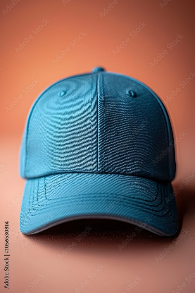 A Blue Baseball Cap with a Curved Brim on a Tan Background A Blue Baseball Cap with a Curved Brim on a Tan Background