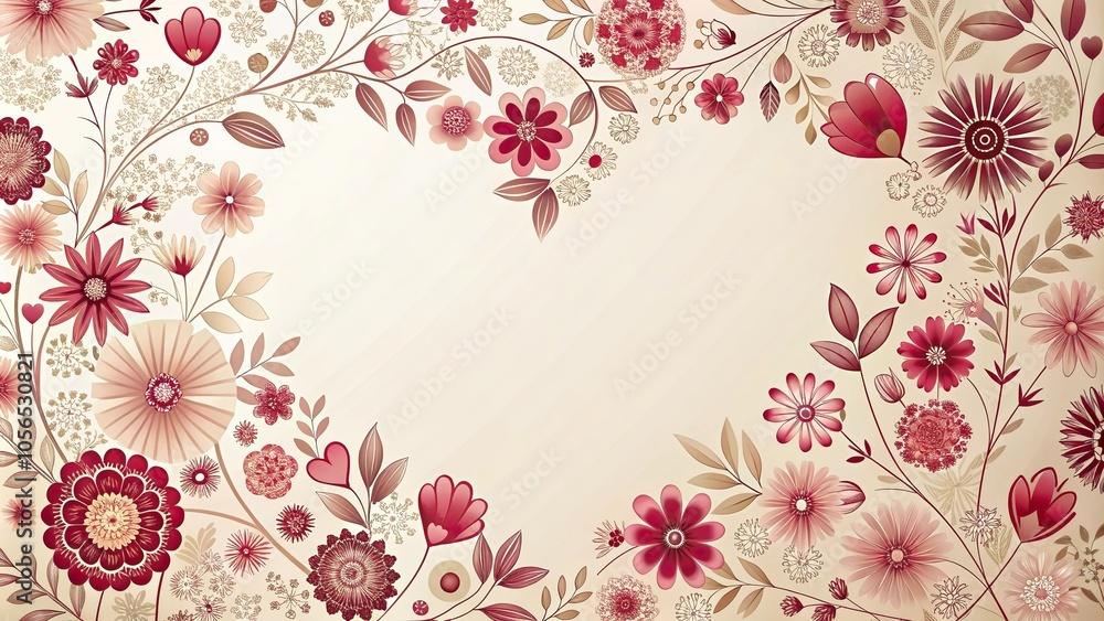 Elegant floral pattern featuring heart-shaped flowers in shades of pink, red, and white on a soft, cream background, nature-inspired, romantic, watercolor, hearts, whimsical Elegant floral pattern featuring heart-shaped flowers in shades of pink, red, and white on a soft, cream background, nature-inspired, romantic, watercolor, hearts, whimsical