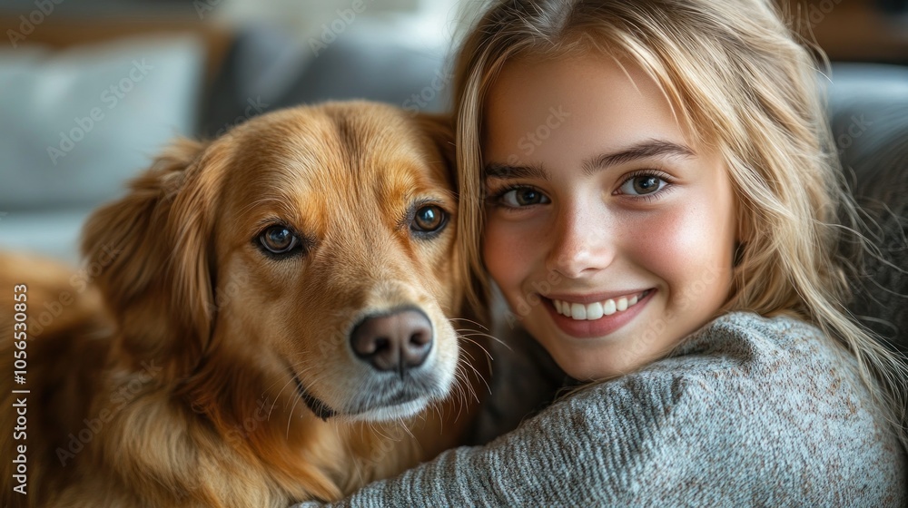 A girl smiling with her golden retriever in a cozy setting. A girl smiling with her golden retriever in a cozy setting.
