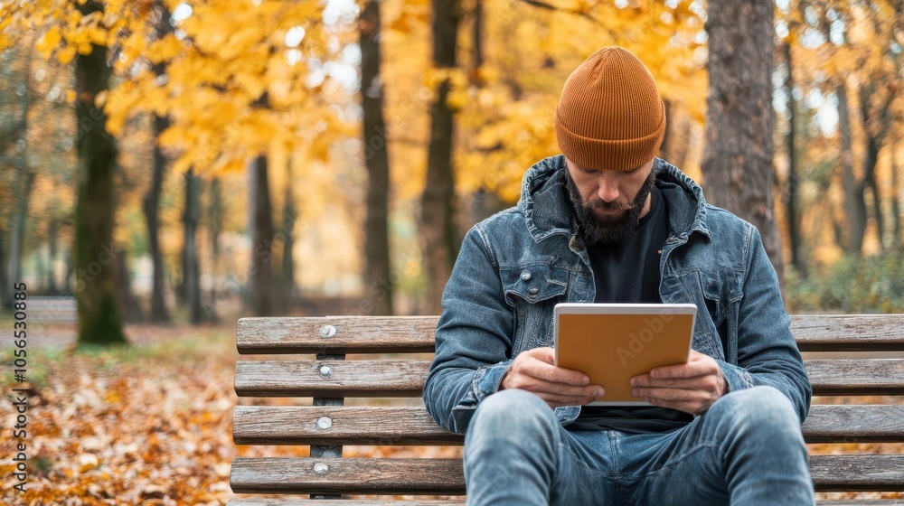 Man in a park bench, looking at his dead tablet, urban environment, tech and leisure Man in a park bench, looking at his dead tablet, urban environment, tech and leisure