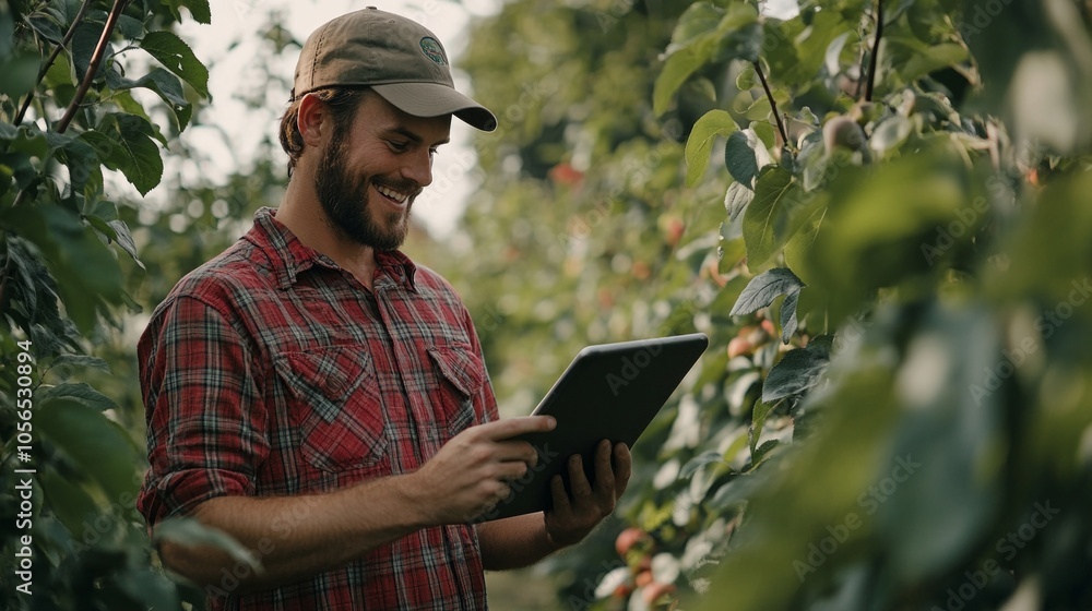 A farmer in a red plaid shirt reviewing data on a tablet while walking through a fruit garden. A farmer in a red plaid shirt reviewing data on a tablet while walking through a fruit garden.