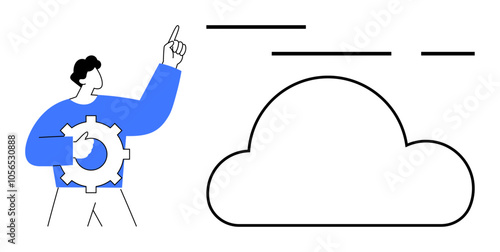 Man holding gear and pointing toward a cloud icon with flow lines. Ideal for technology, cloud computing, engineering, data management, IT services, business solutions, digital innovation. Banner