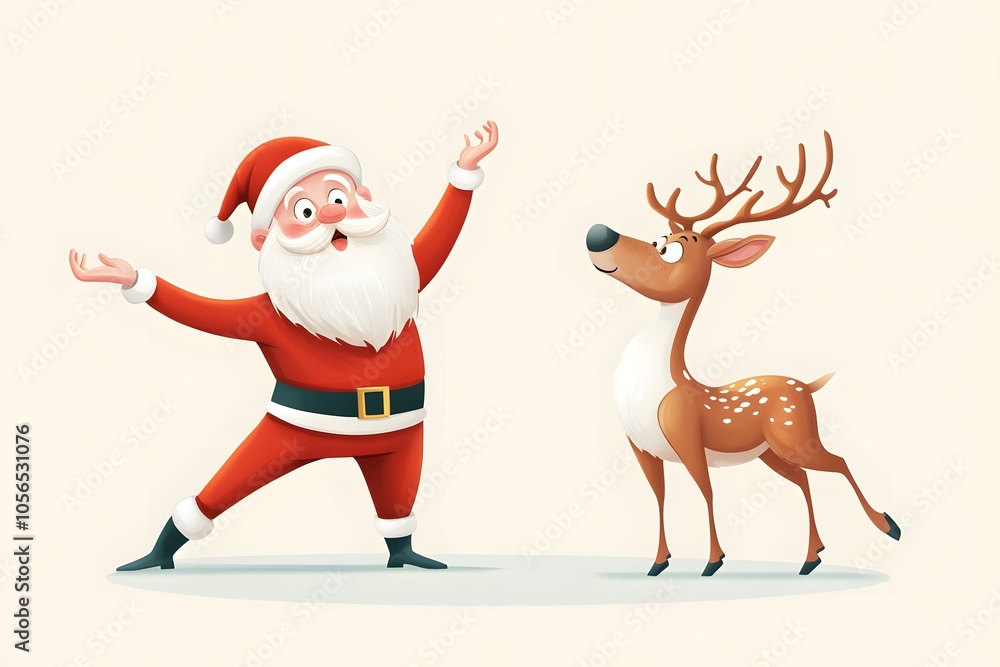 Joyful santa with playful reindeer celebration Joyful santa with playful reindeer celebration