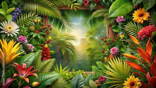 Exotic floral frame in a tropical garden setting, with bright colors and exotic plants surrounding the flowers, frame, plant, bamboo