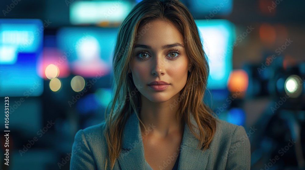 Young woman in a news studio focused on delivering a report Young woman in a news studio focused on delivering a report