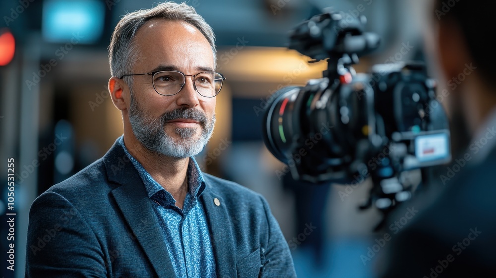A man in a blazer speaks to a camera at a conference setting A man in a blazer speaks to a camera at a conference setting