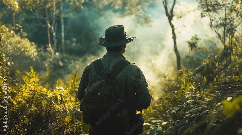 A forest ranger patrolling a protected national park, ensuring the safety of wildlife A forest ranger patrolling a protected national park, ensuring the safety of wildlife