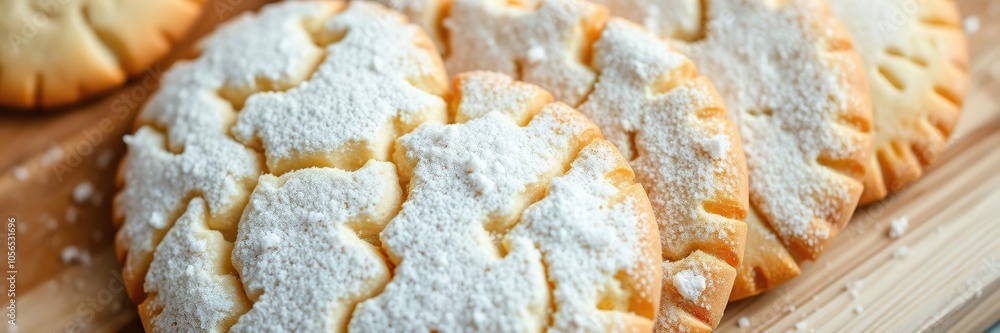 Freshly baked shortbread cookies on a wooden cutting board ready to be sliced, sugary, crumbly, texture Freshly baked shortbread cookies on a wooden cutting board ready to be sliced, sugary, crumbly, texture