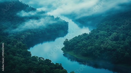 A scenic shot of a river winding through a dense forest, with mist rising in the early morning