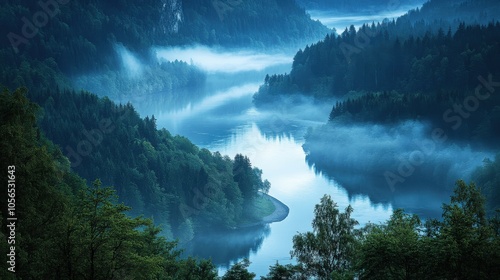 A scenic shot of a river winding through a dense forest, with mist rising in the early morning